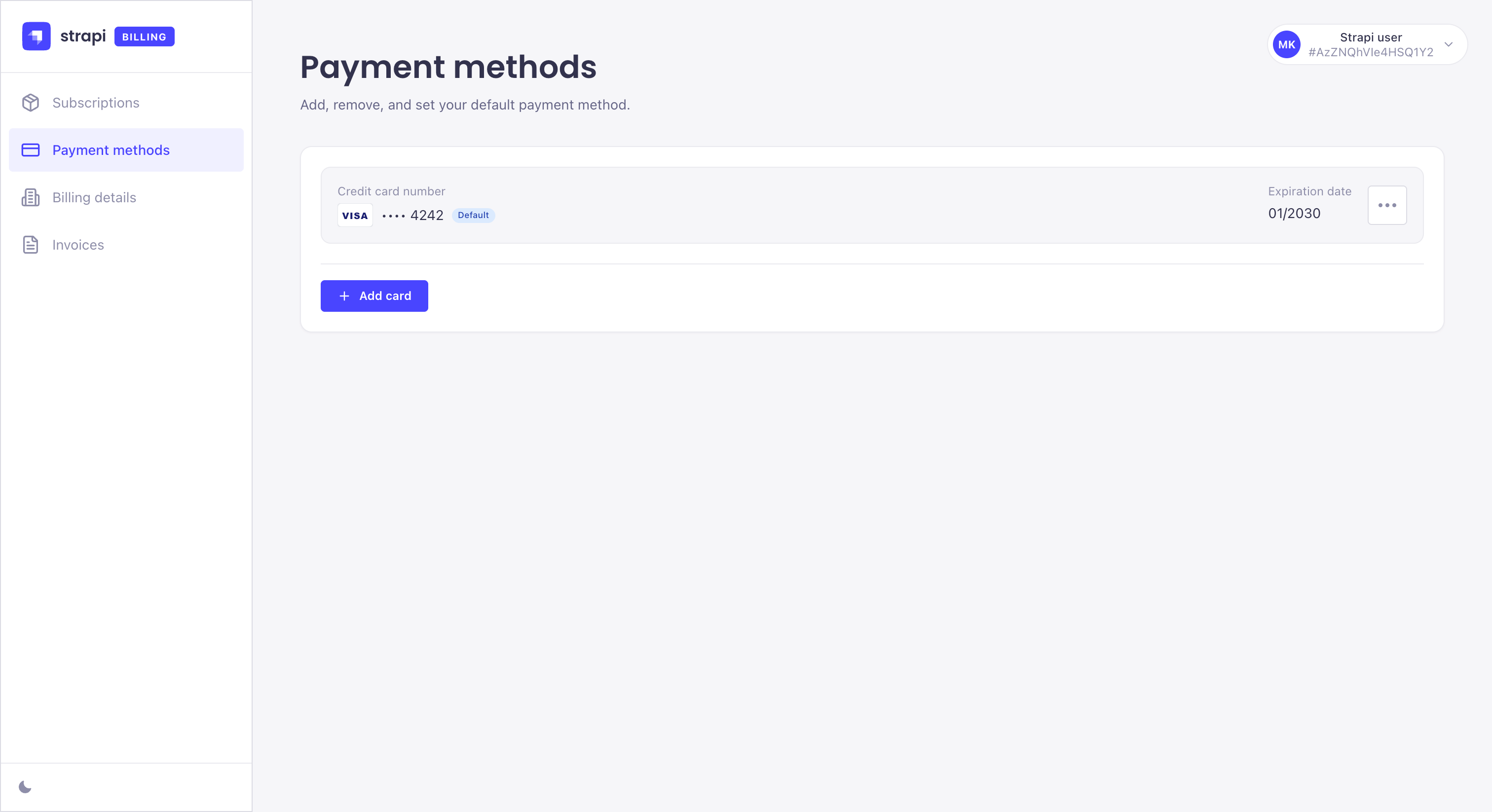 Billing portal screenshot: payment methods